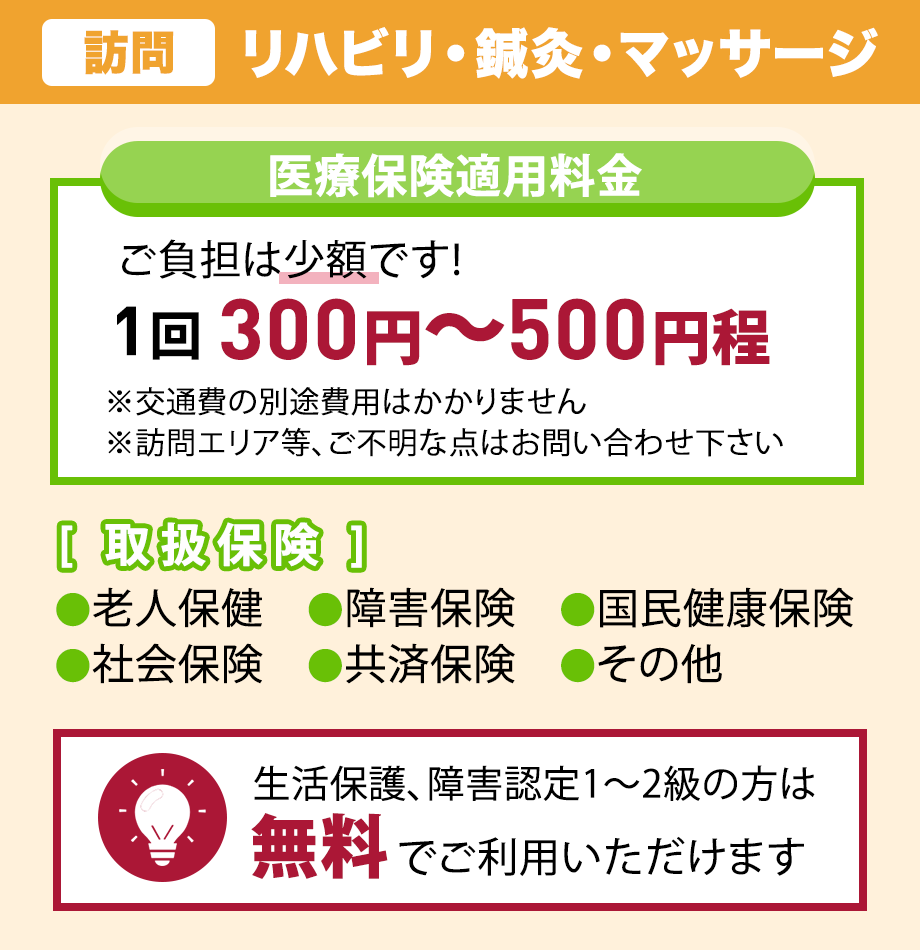 藤本鍼灸治療院では訪問リハビリテーション、訪問鍼灸、マッサージを行なっています。